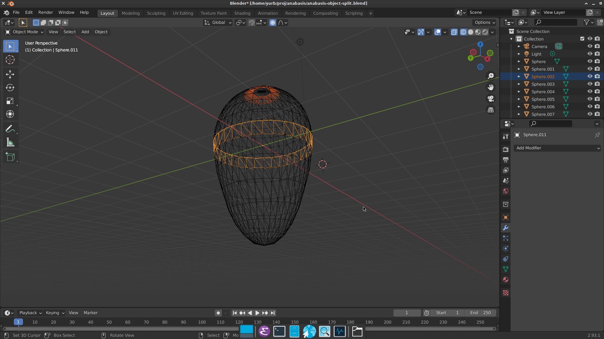 Screenshot of Blender displaying a 3d wireframe egg-like shape being edited